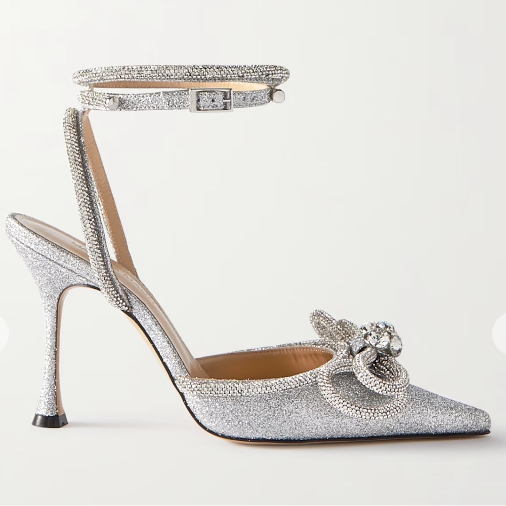 New Mach & Mach Double Bow Crystal-Embellished Silver Glitter Pumps Size 36